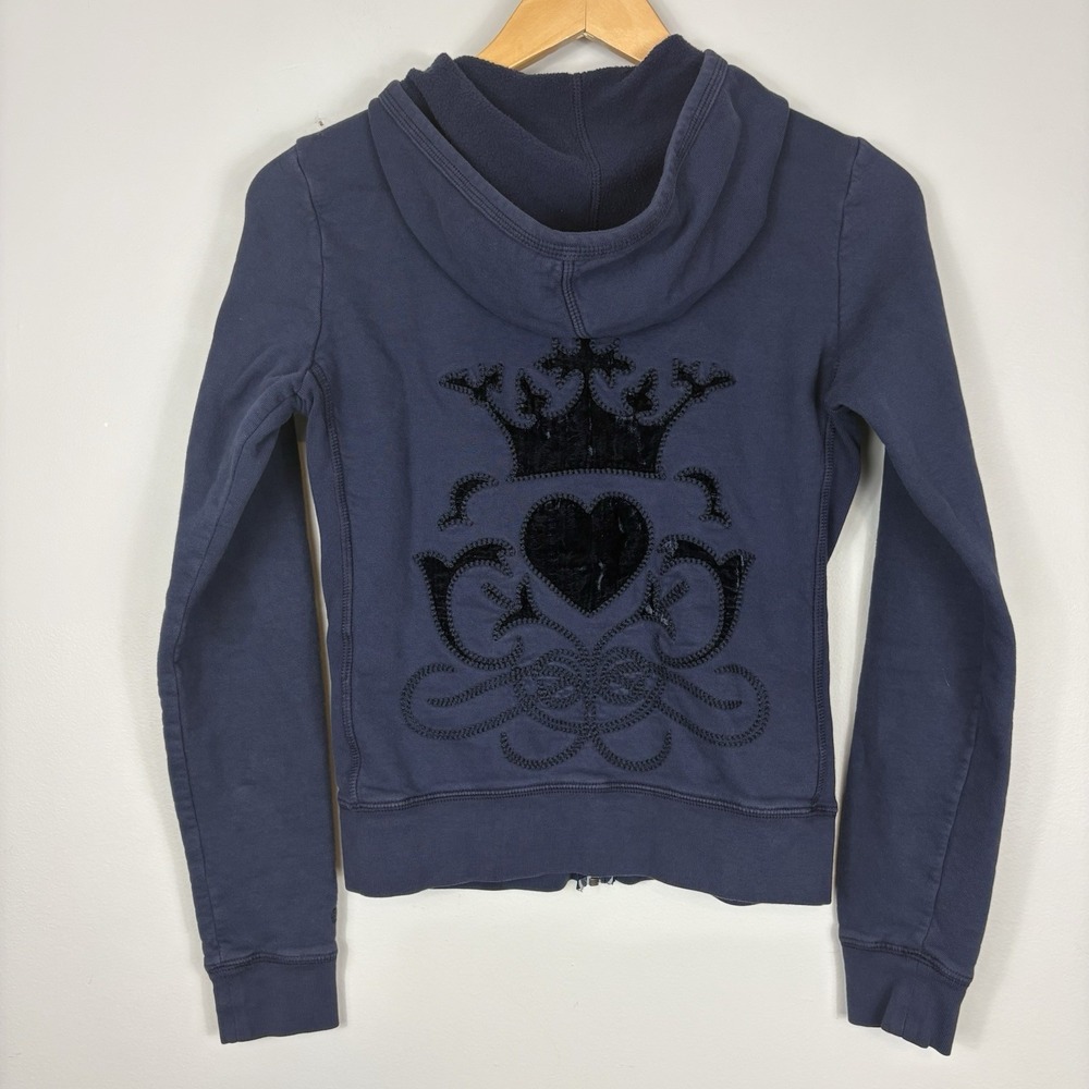 Vtg Y2K Juicy Couture Cotton Full Zip Hoodie Sz M Velvet Heart Crown‎ Navy Blue